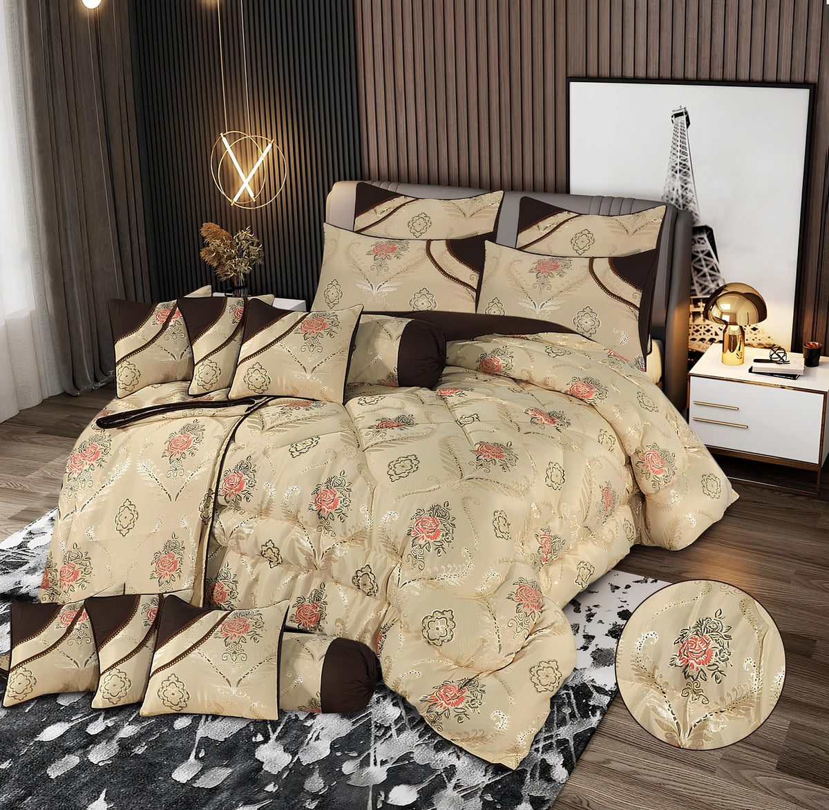 Royal Shanghai 14 Pcs Bedding Set With Filled Comforter-Cream & Brown