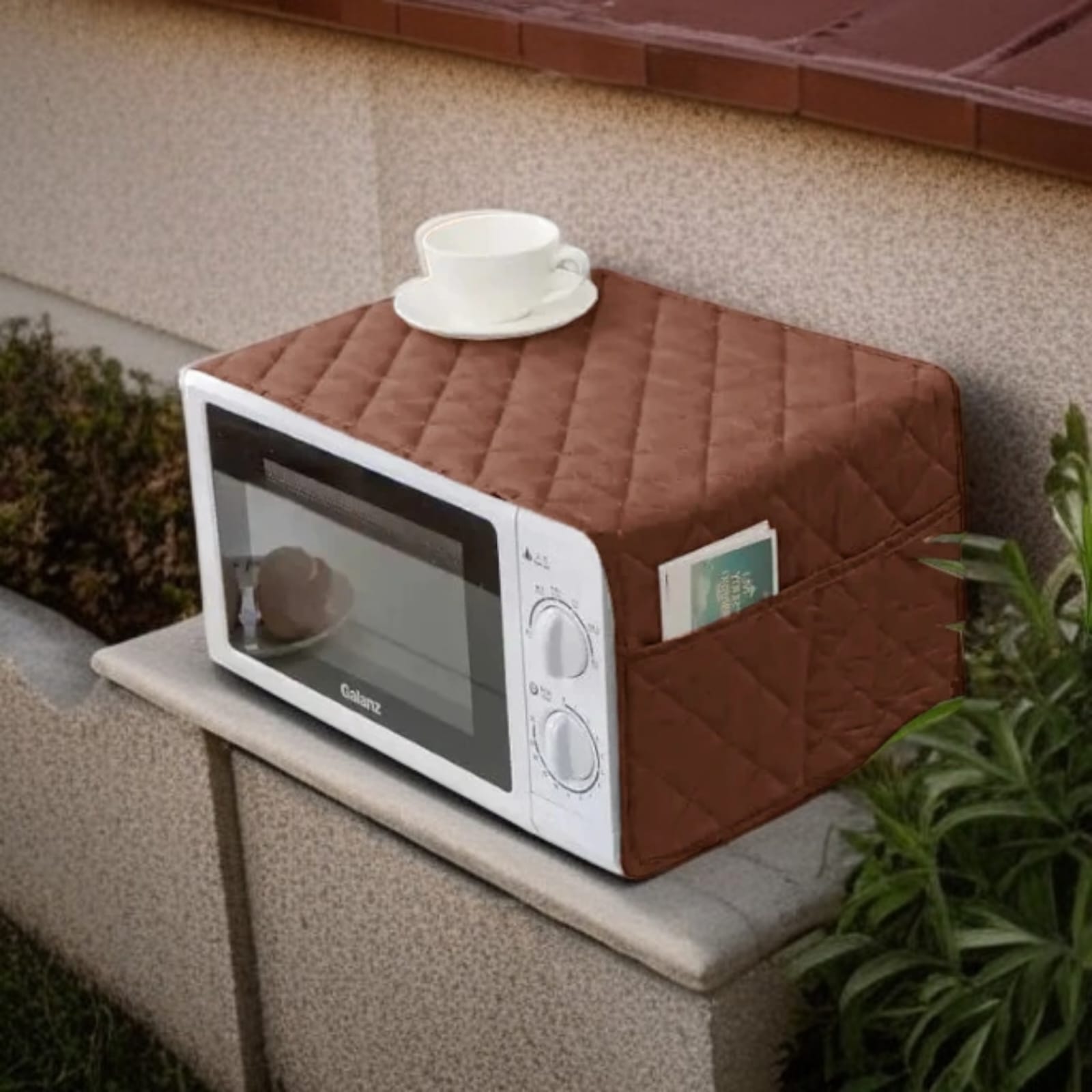 Quilted Microwave Oven Cover with Side Pockets – Dustproof Kitchen Appliance Cover | In Brown Color