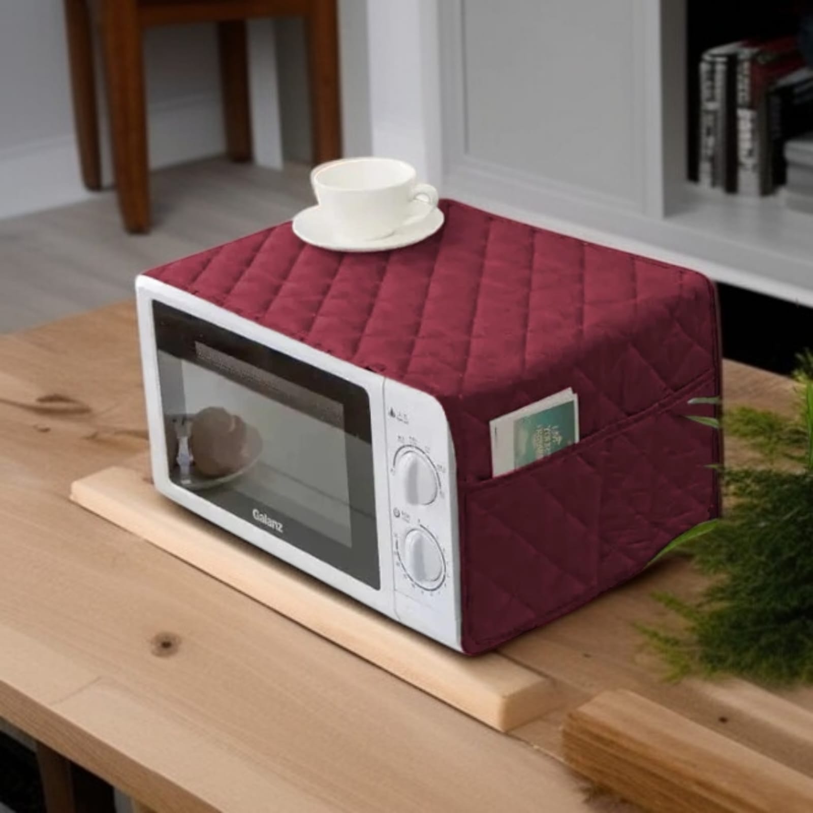 Quilted Microwave Oven Cover with Side Pockets – Dustproof Kitchen Appliance Cover | In Mahroon Color