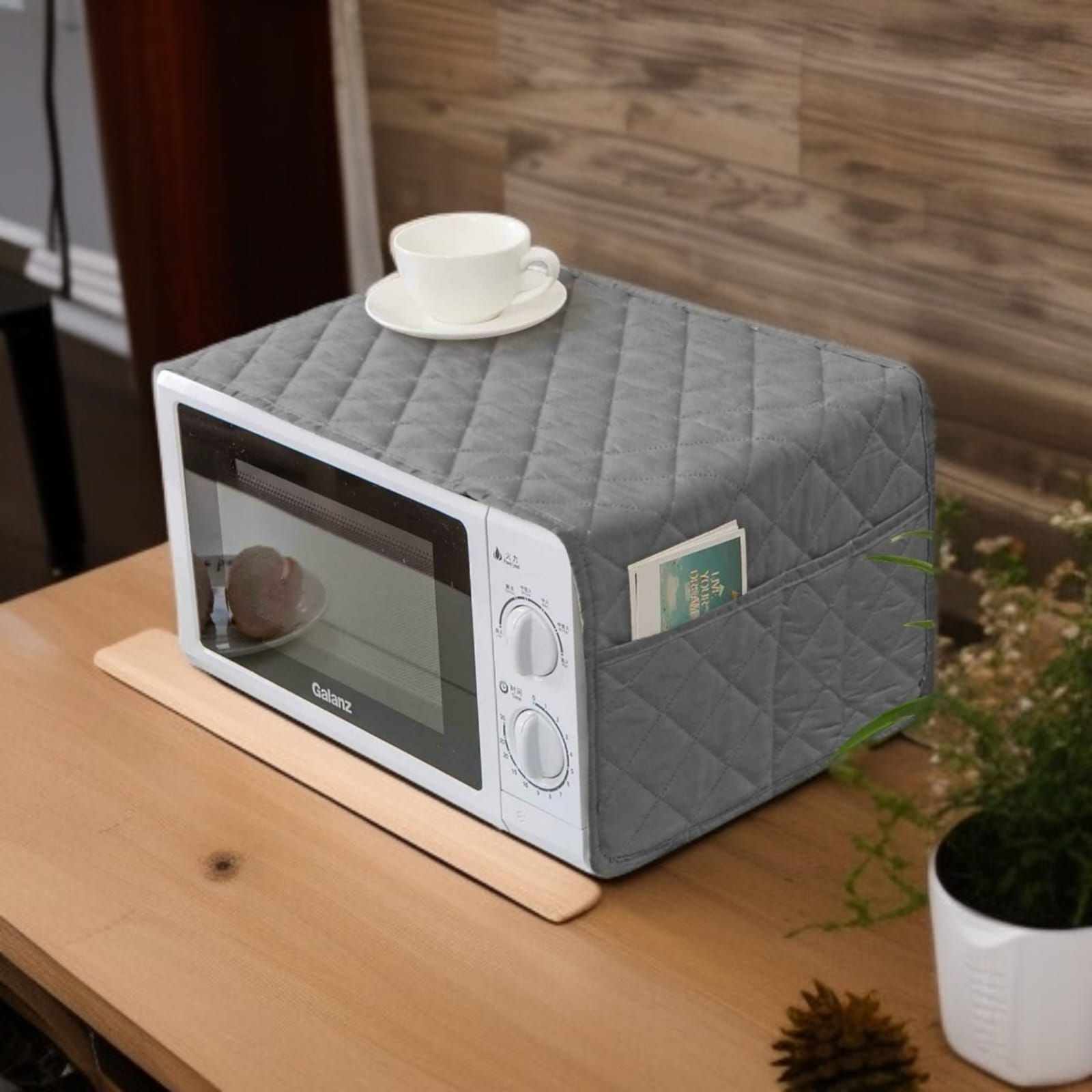 Quilted Microwave Oven Cover with Side Pockets – Dustproof Kitchen Appliance Cover | In Gray Color