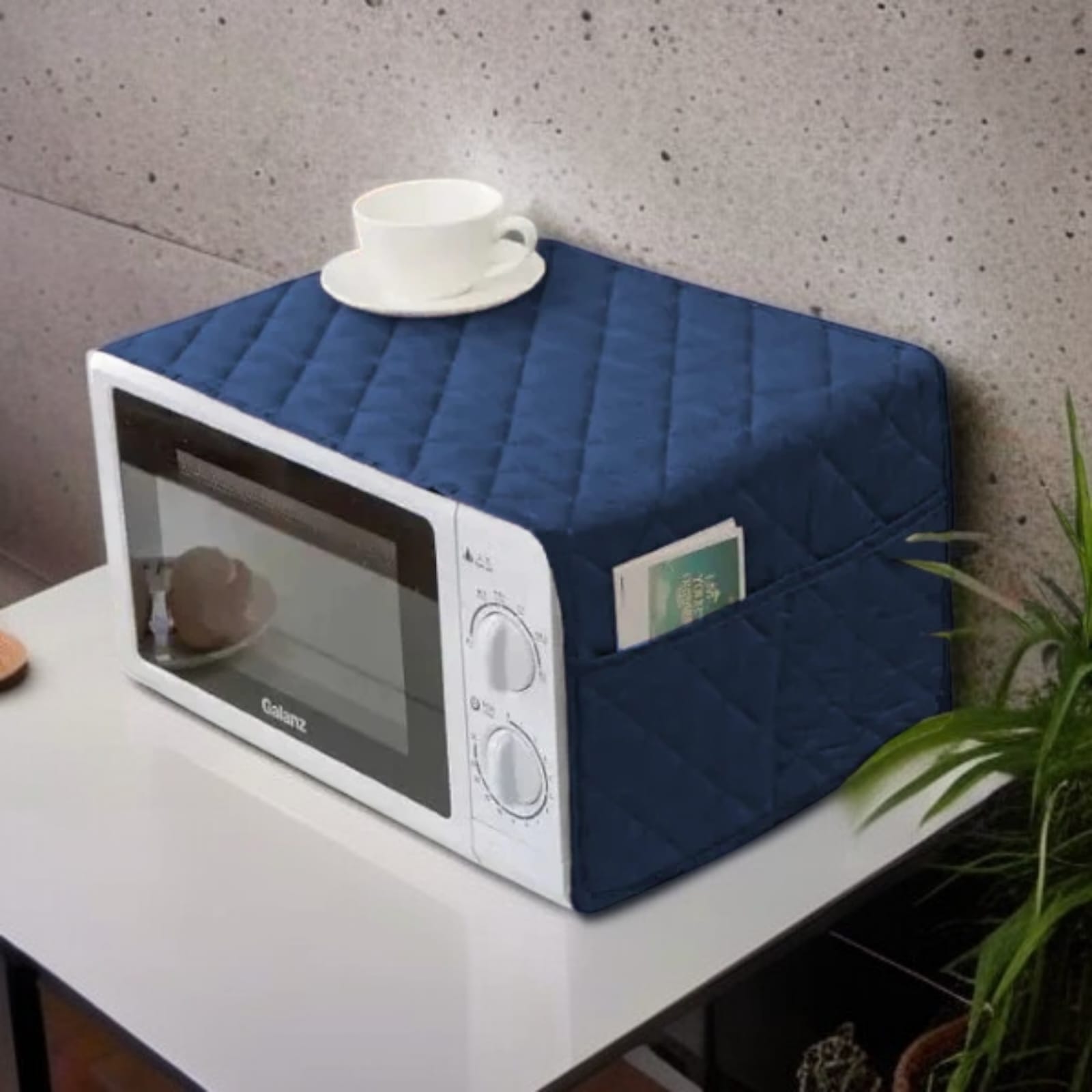 Quilted Microwave Oven Cover with Side Pockets – Dustproof Kitchen Appliance Cover | In Navy Blue Color