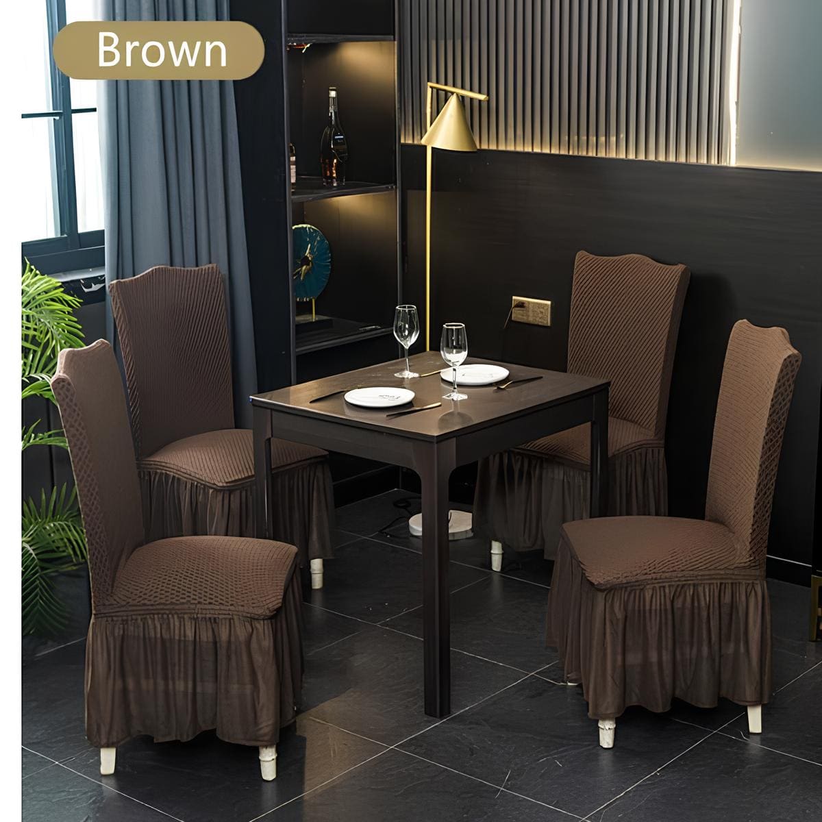 Long Frilled Dining Chair Cover-Brown