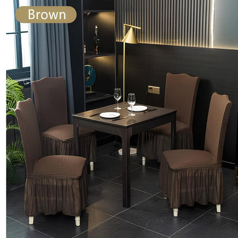 Long Frilled Dining Chair Cover-Brown