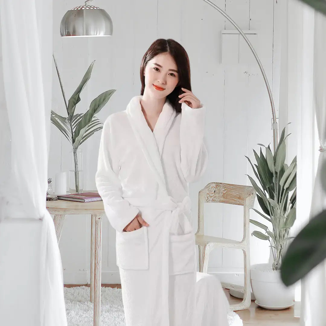 Luxury Coral Fleece Bathrobe for Women – Soft Warm Winter Sleepwear In White Color