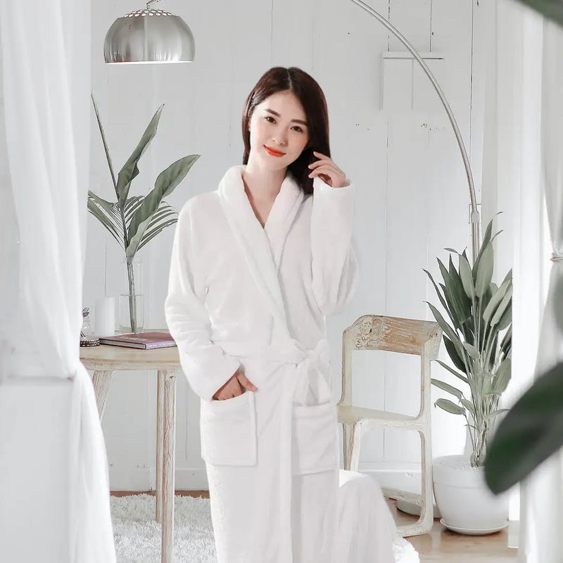 Luxury Coral Fleece Bathrobe for Women – Soft Warm Winter Sleepwear In White Color