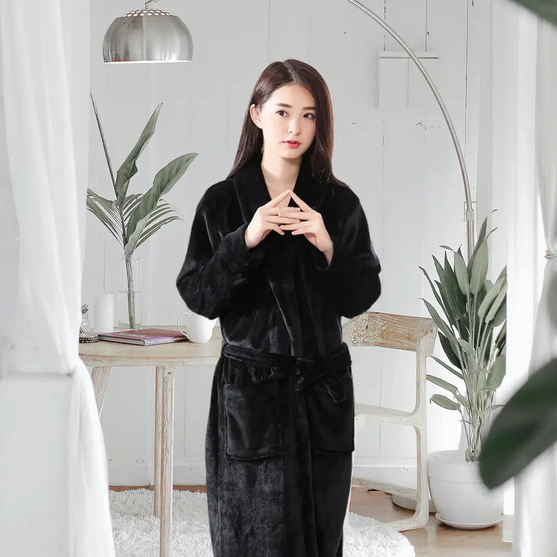 Luxury Coral Fleece Bathrobe for Women – Soft Warm Winter Sleepwear In Black Color