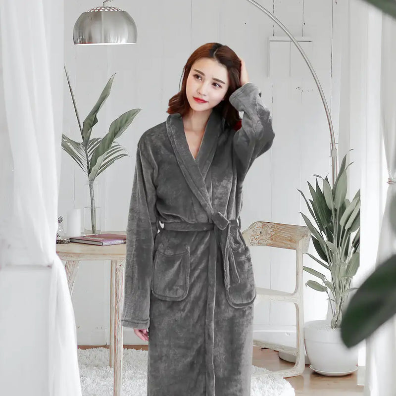 Luxury Coral Fleece Bathrobe for Women – Soft Warm Winter Sleepwear In Gray Color