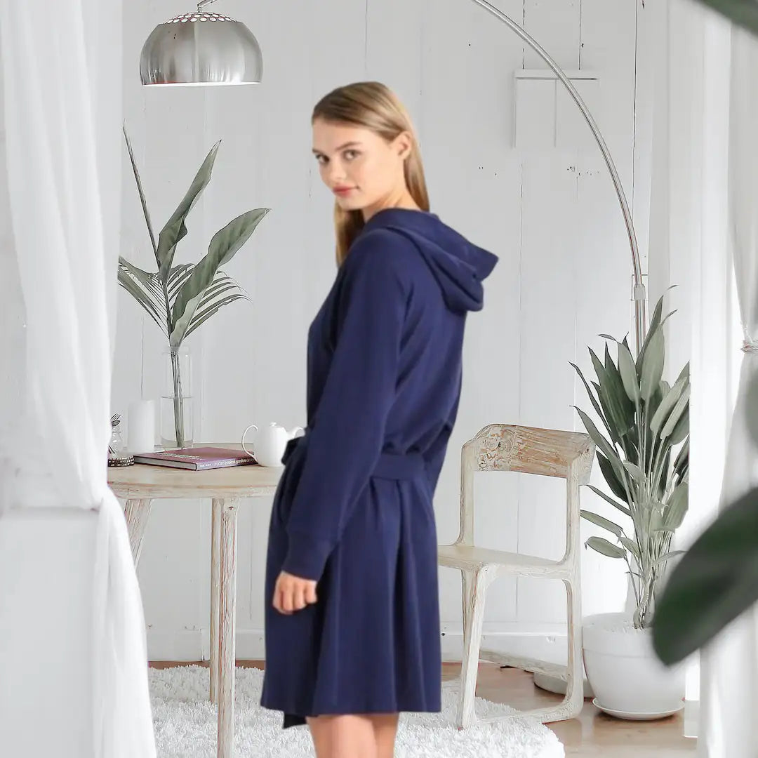 Luxury Coral Fleece Bathrobe for Women – Soft Warm Winter Sleepwear In Navy Blue Color