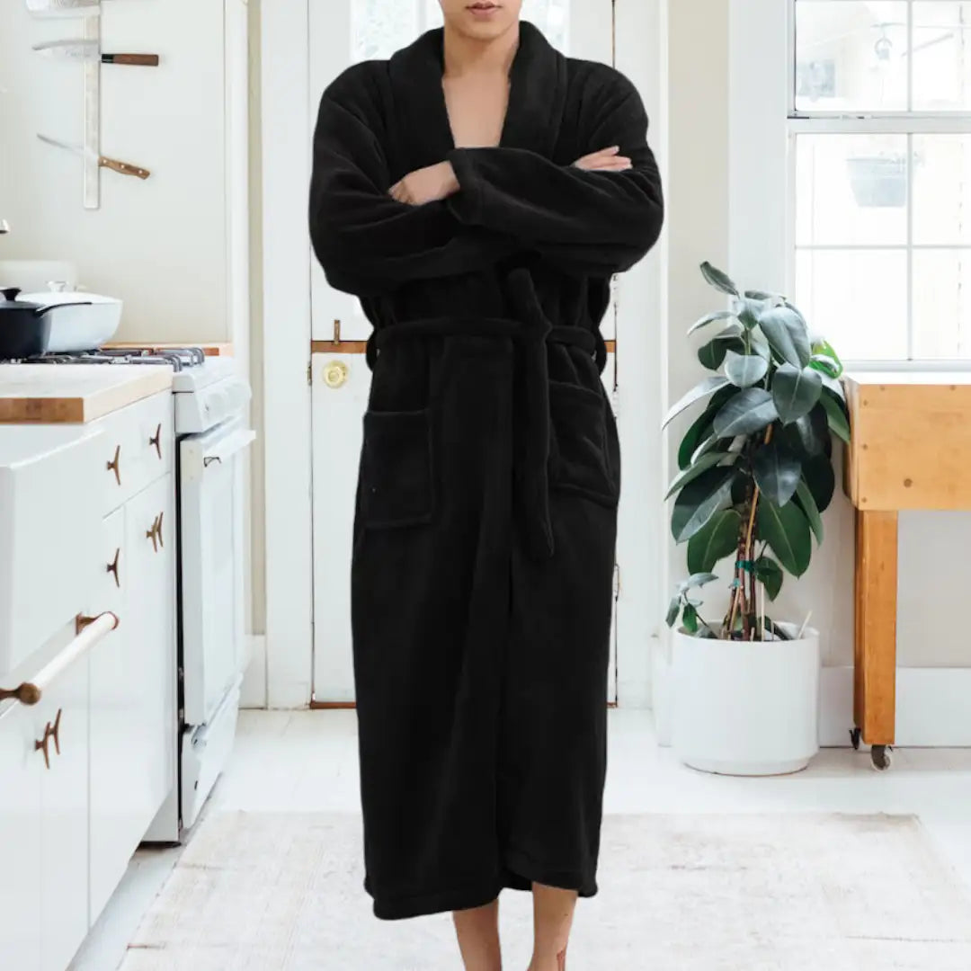 Luxury Coral Fleece Bathrobe for Women – Soft Warm Winter Sleepwear In Black Color