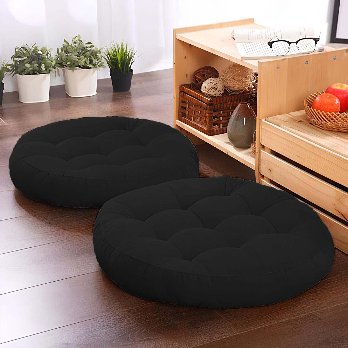 Round Floor Cushion Velvet-Black