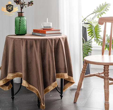 Royal Plain Tassel  Velvet Table Cover-Brown