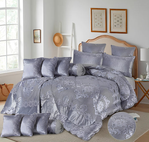 14 Pcs Velvet Espresso Bedding Set with Filled Comforter Dark Grey