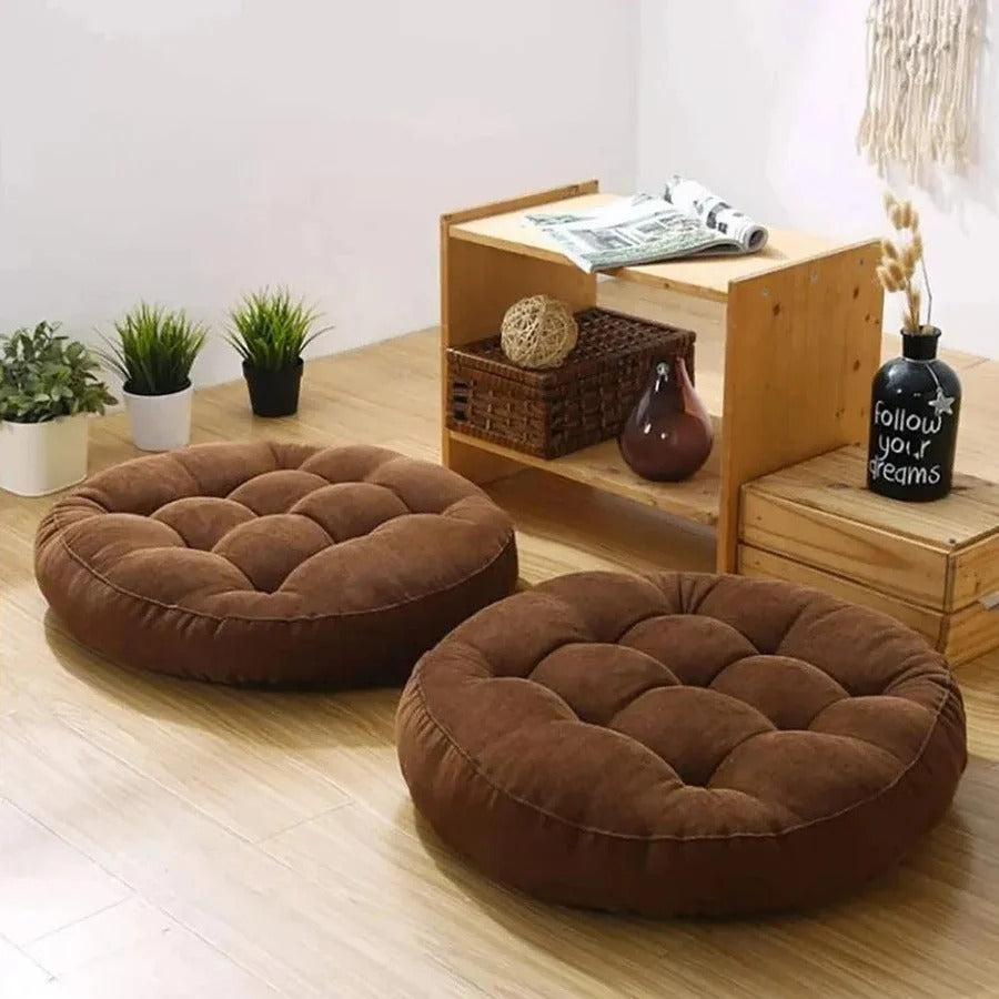 Round Velvet Floor Cushion – Tufted Tatami Meditation Seat Cushion in Brown Color (1 Pair / 2 Pieces)