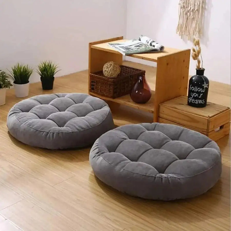 Round Velvet Floor Cushion – Tufted Tatami Meditation Seat Cushion In Grey Color (1 Pair / 2 Pieces)