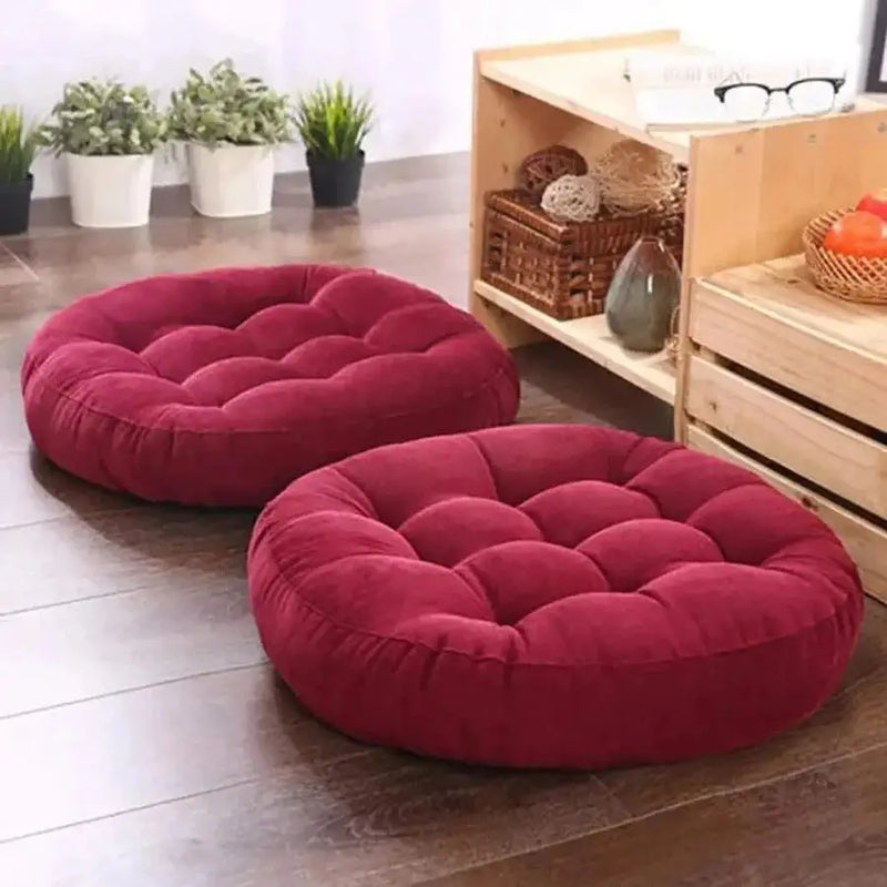 Round Velvet Floor Cushion – Tufted Tatami Meditation Seat Cushion in Maroon Color (1 Pair / 2 Pieces)