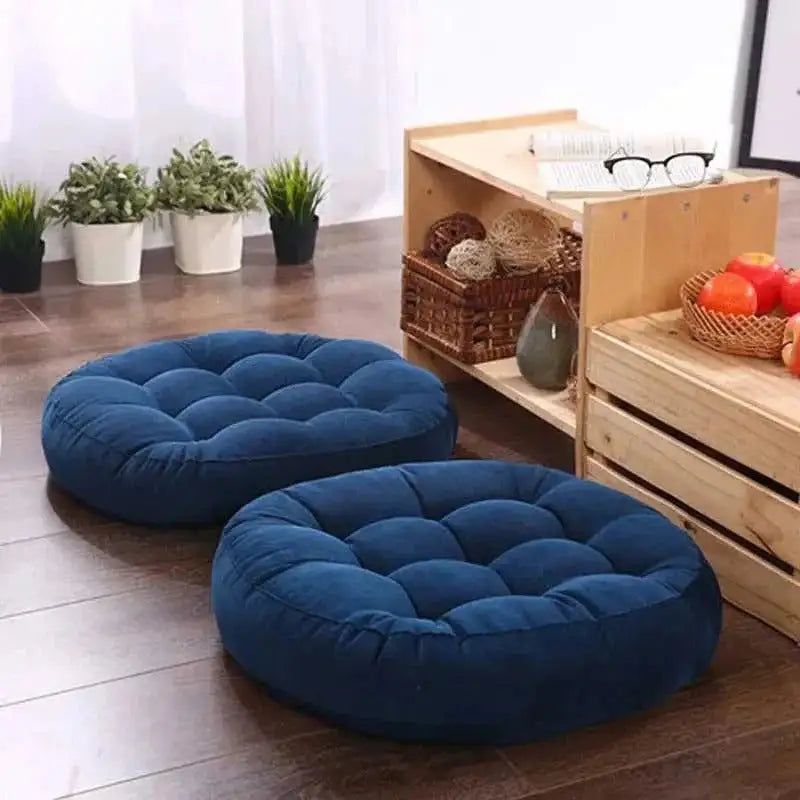Round Velvet Floor Cushion – Tufted Tatami Meditation Seat Cushion In Blue Color (1 Pair / 2 Pieces)