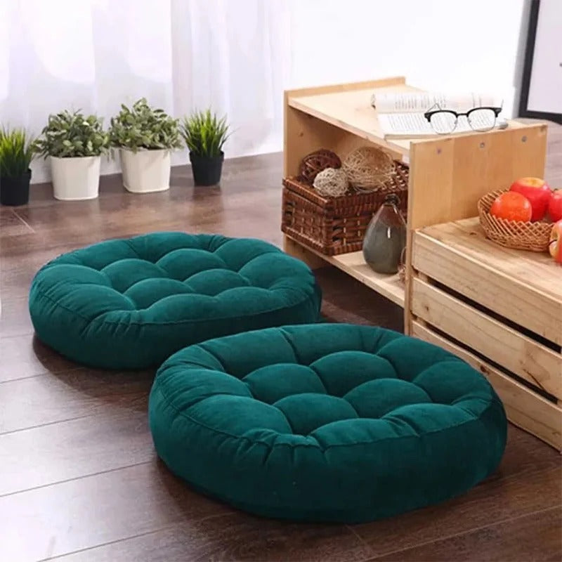 Round Velvet Floor Cushion – Tufted Tatami Meditation Seat Cushion In Green Color (1 Pair / 2 Pieces)